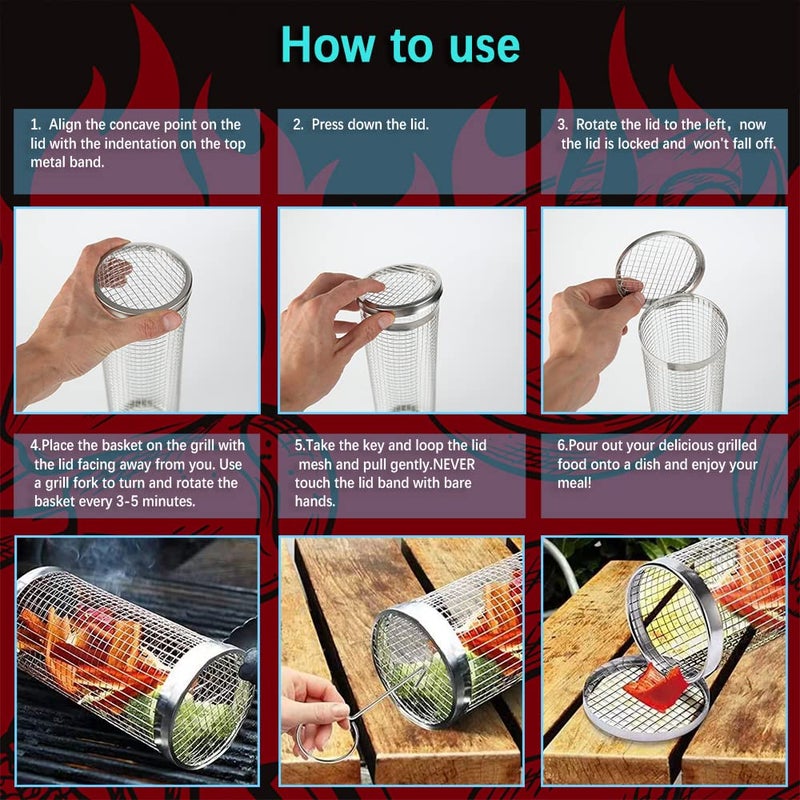 mancola BBQ Net Tube-Rolling Grilling Basket Rolling Grilling Baskets for Outdoor Grilling Round Stainless Steel BBQ Grill Mesh  Camping Barbecue Rack for Vegetables  French Fries  Fish - Image 3